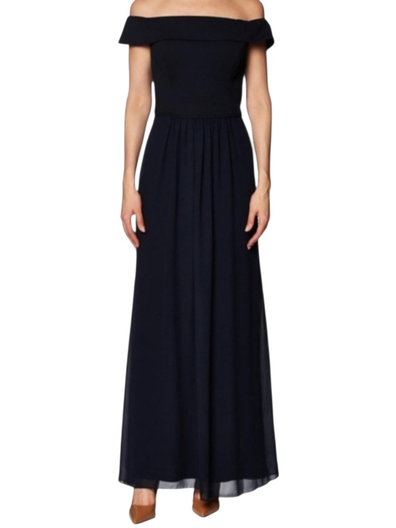 Arianna Papell Midnight Navy Blue Off Shoulder Crepe Chiffon Gown, Size 4